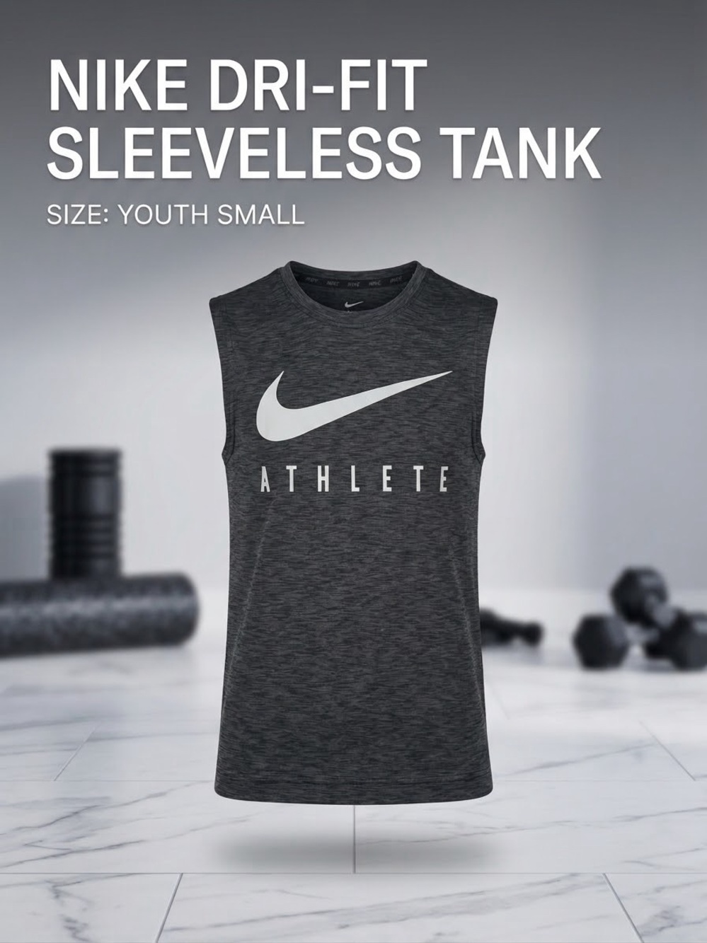 Nike Youth Sleeveless Tank Top in Charcoal with White Swoosh